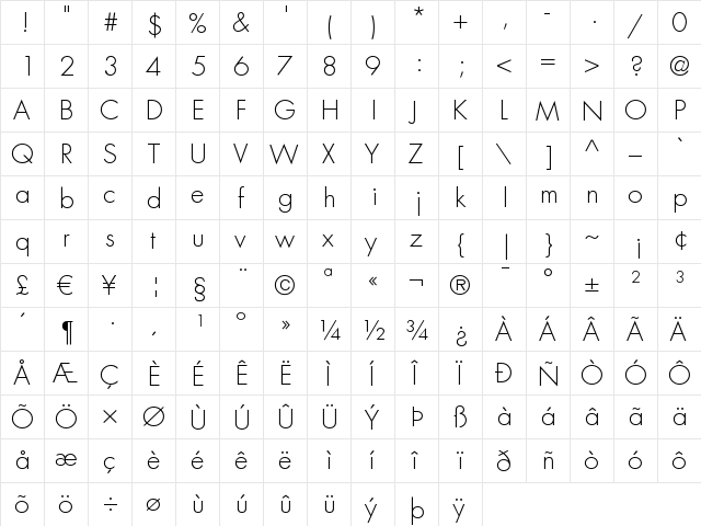 Futura LT Light font glyphpreview