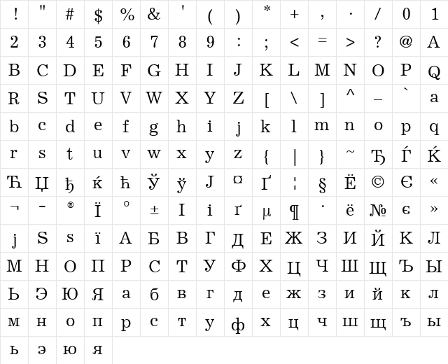 ExcelsiorCyr Upright Regular font glyphpreview