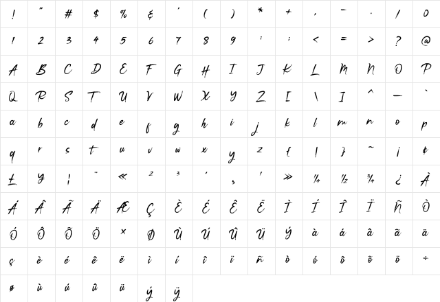 Vasttag Brush Regular font glyphpreview