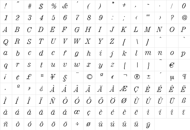 Valencia-LightIta Regular font glyphpreview