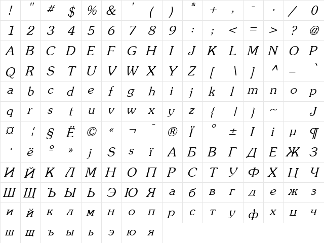 Prestige Italic font glyphpreview