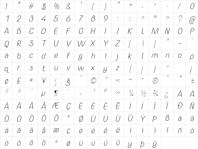 Yaahowu Light Italic Italic font glyphpreview