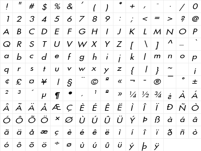 Fusi Wide Italic font glyphpreview