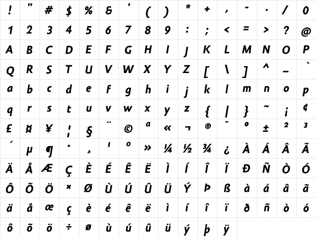 Amor Sans Text Pro Bold Italic font glyphpreview