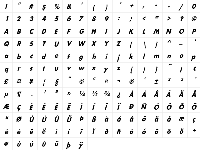 FuturaCndObl-Bold Regular font glyphpreview