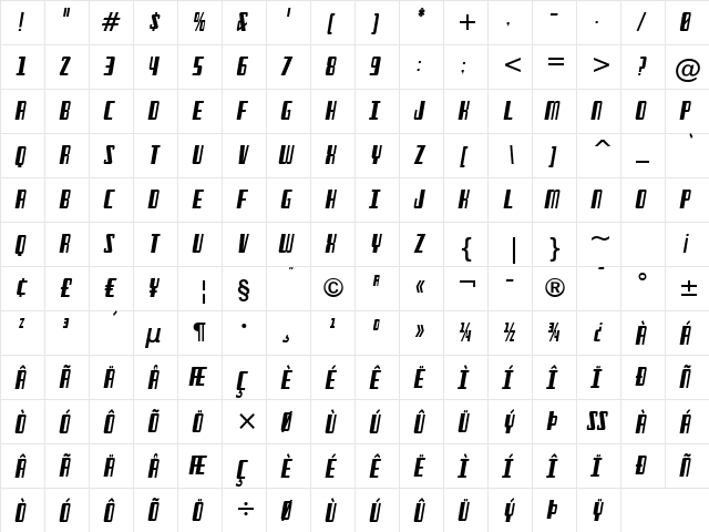 Freezer BTN Condensed Oblique font glyphpreview