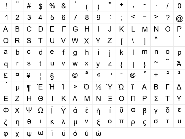 TWA Greek Normal font glyphpreview