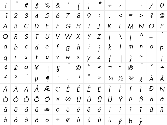 Futura Std Book Oblique font glyphpreview