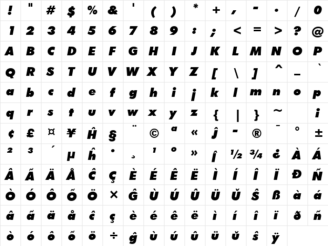 Futura XBlkIt BT Eo Extra Black Italic font glyphpreview