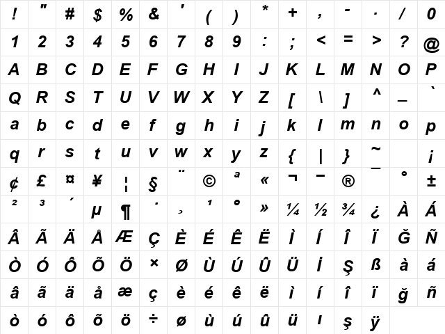 TR Arial Bold Italic font glyphpreview