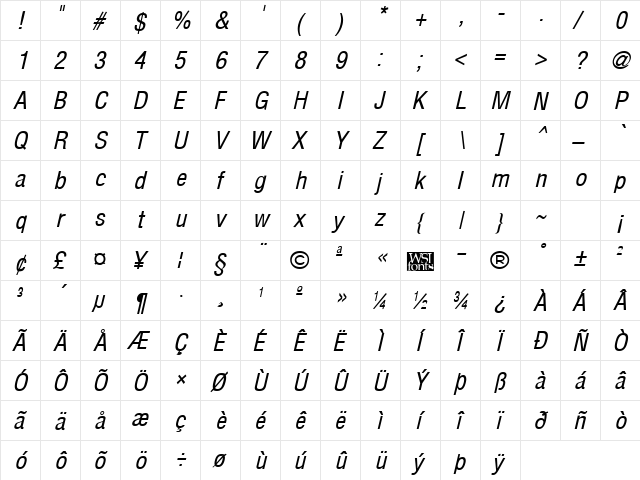 ArenaCondensed Italic font glyphpreview