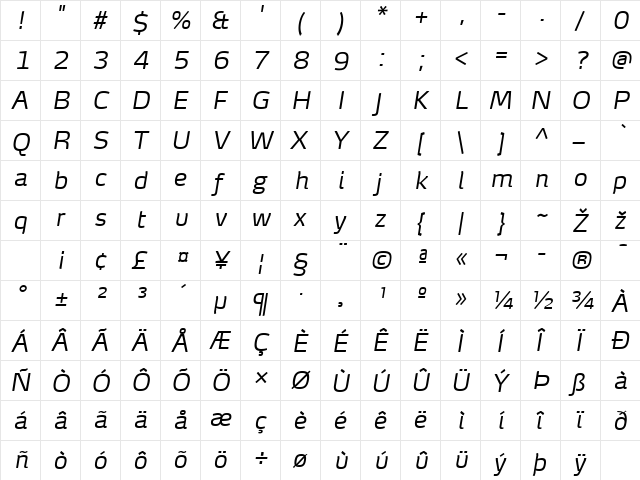 MaxDemiSerifTF-LightItalic Regular font glyphpreview