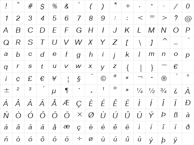 Folio Lt BT Light Italic font glyphpreview