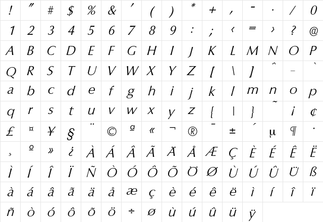 Columbia-LightIta Regular font glyphpreview