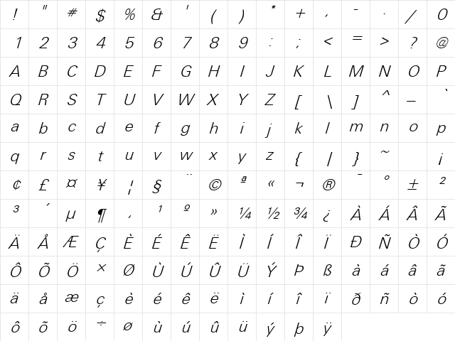 Unique Light ITALIC font glyphpreview