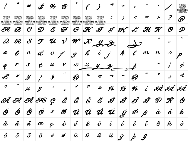 Clothe PERSONAL USE ONLY Regular font glyphpreview
