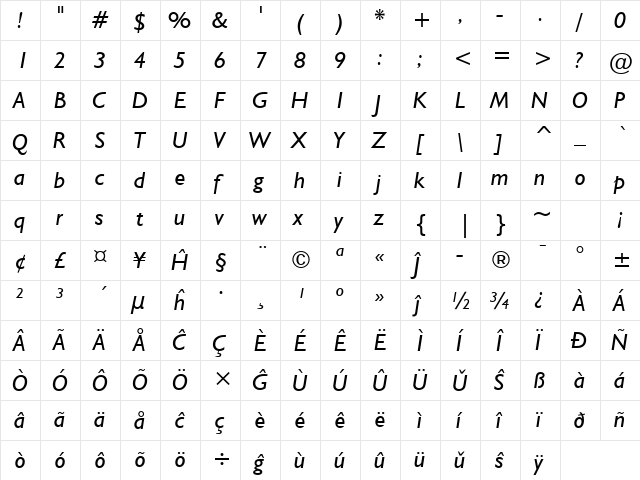 Humanst521 BT Eo Italic font glyphpreview