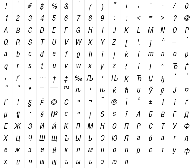 AGLettericaCondensed Oblique font glyphpreview