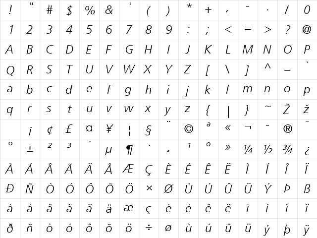 Frutiger LT 45 Light Italic font glyphpreview