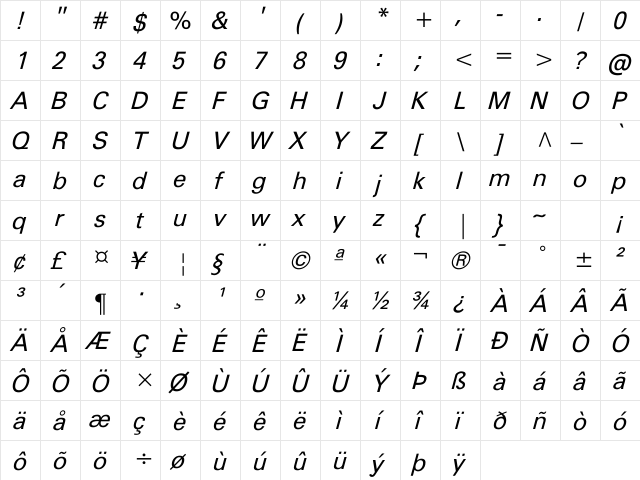 FreeUniversal Italic font glyphpreview