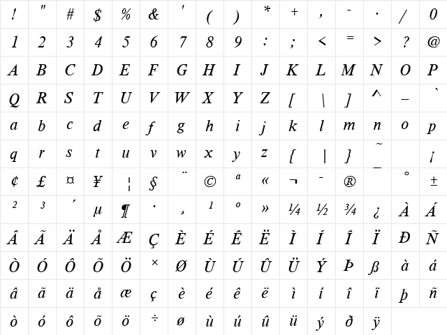 TimelessTLig Italic font glyphpreview