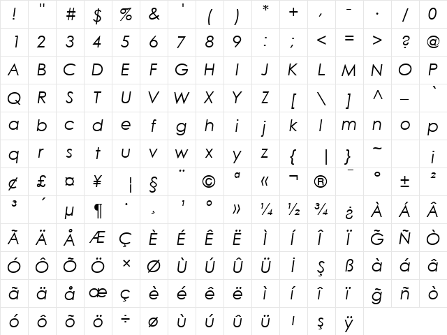 TR Century Gothic Italic font glyphpreview