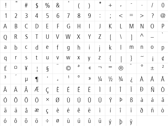Frutiger Light Cn Regular font glyphpreview