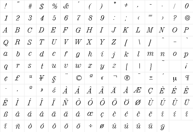 Valencia-Serial-Light RegularItalic font glyphpreview