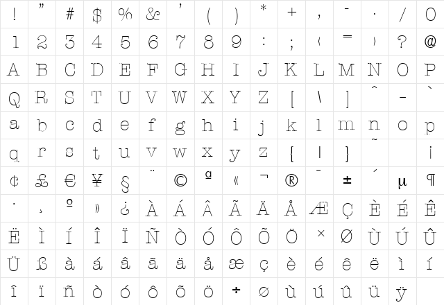 TypewriterSerial-Xlight Regular font glyphpreview