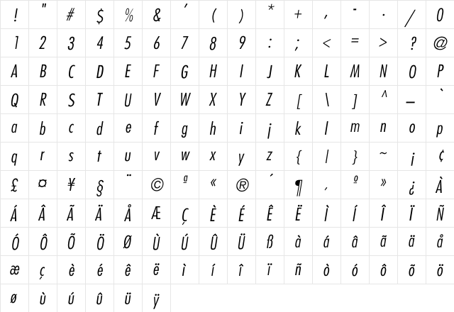 Futura-CondensedLight-Italic Regular font glyphpreview
