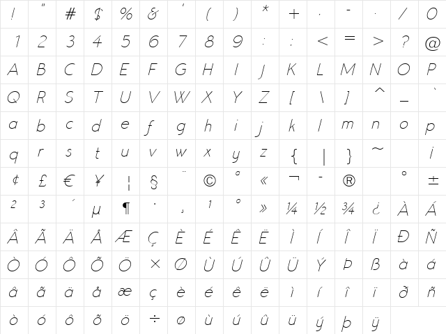 Register Sans BTN Lt Oblique font glyphpreview
