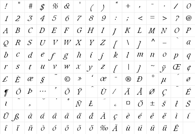 Caxton-LightItalic Regular font glyphpreview