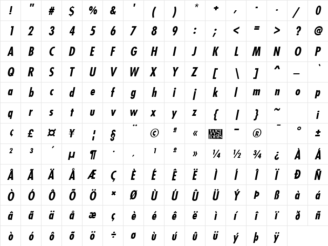 FuturistCondensed Bold Italic font glyphpreview