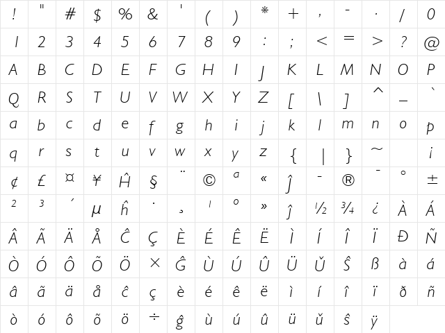 Humanst521 Lt BT Eo Light Italic font glyphpreview