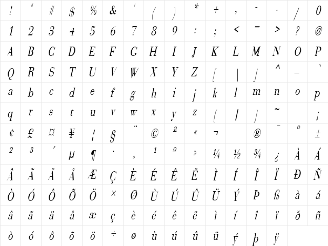 SweezCondensed Italic font glyphpreview