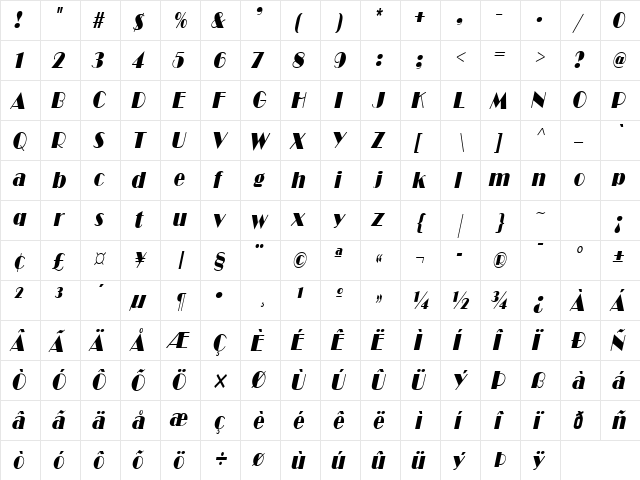 Brando Condensed Italic font glyphpreview