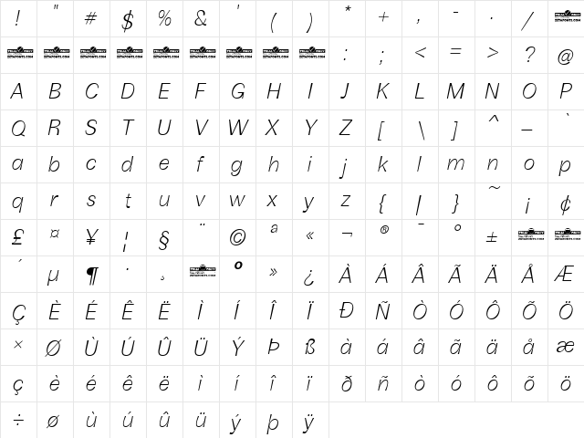 Boring Sans B Trial Light Italic font glyphpreview