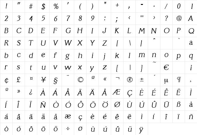 Veracruz-LightIta Regular font glyphpreview