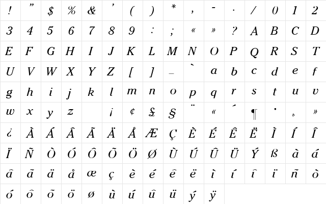 Cheltenham-Italic Regular font glyphpreview