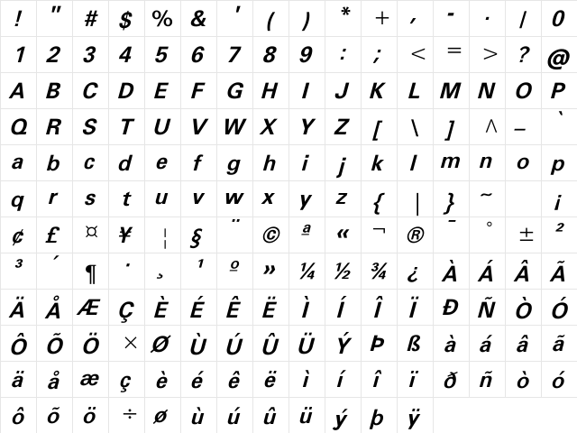 FreeUniversal BoldItalic font glyphpreview