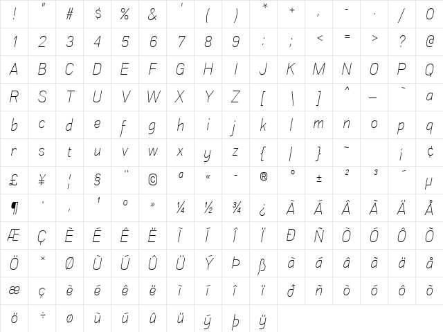 Akazan Light Italic font glyphpreview