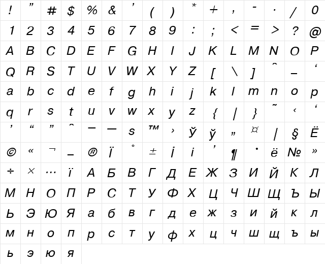 Pragmatica Italic font glyphpreview