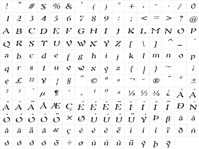 Freedom 9 Wide Italic font glyphpreview