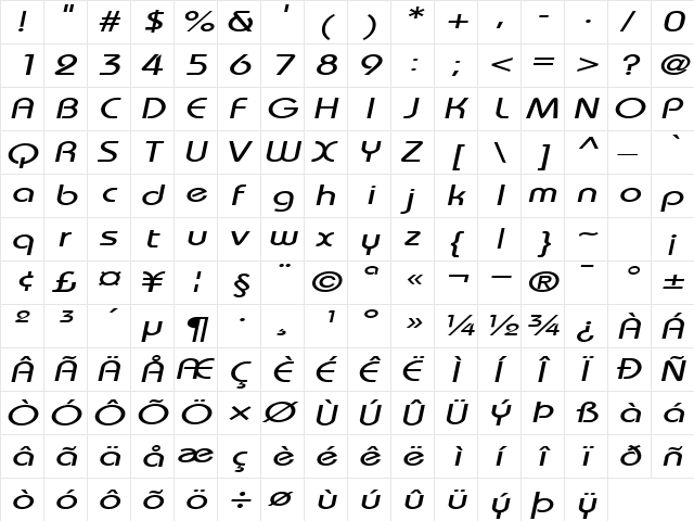UniqueExtended Oblique font glyphpreview