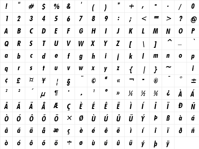 Futuri Condensed Bold Oblique font glyphpreview