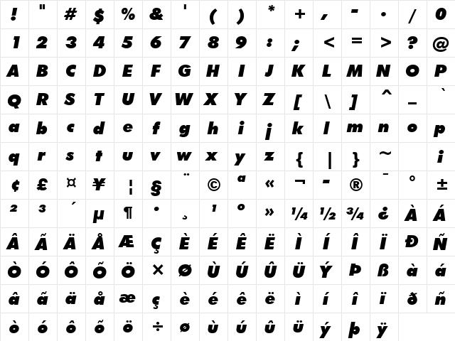 Futura XBlkIt BT Extra Black Italic font glyphpreview