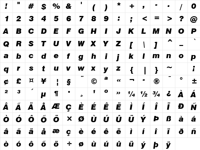 Swis721 Blk BT Black Italic font glyphpreview