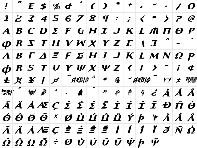 Aegis Italic Italic font glyphpreview