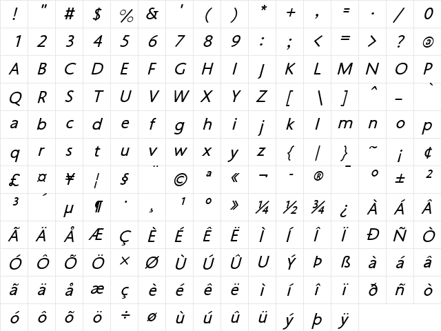 OskiWest Italic font glyphpreview