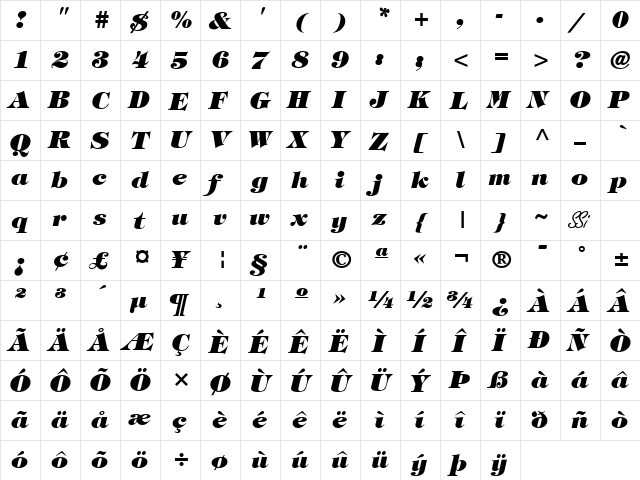 Sophisticate Ultra SSi Black Italic font glyphpreview